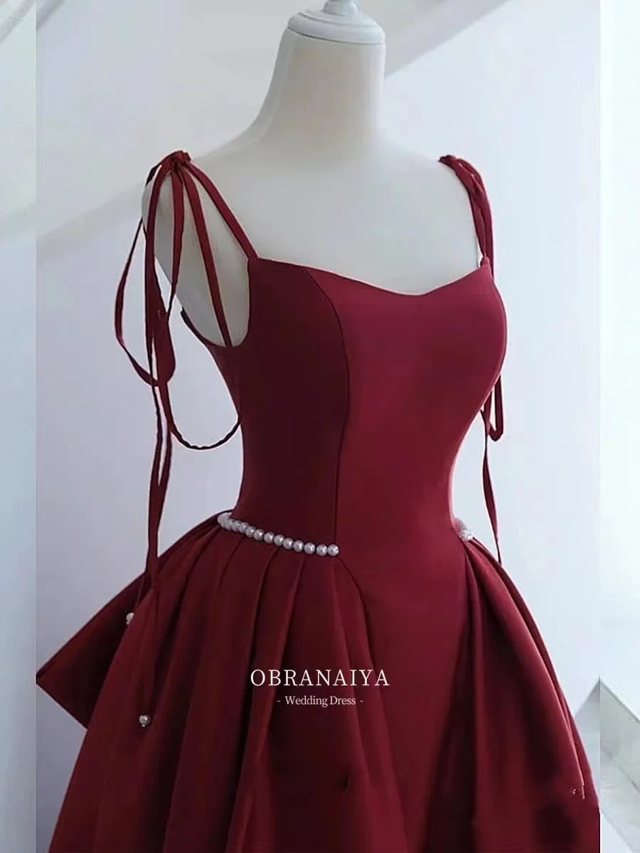 

Elegant Burgundy Satin Prom Dresses Sleeveless Square Collar Spaghetti Strap A-Line Backless Formal Evening Gowns Robe De Soiree