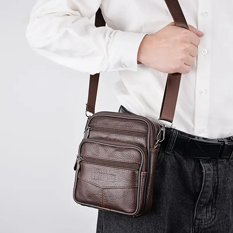 Men\'s New Genuine Leather Crossbody Bag Vertical Trendy Multifunctional Shoulder Bag Briefcase Casual Travel Messenger Bag