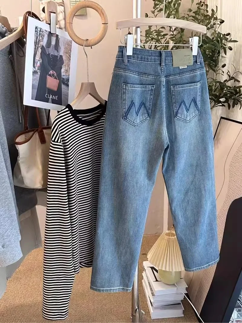 

High Waist Straight Leg Denim Jeans Women's Spring Summer Slimming Effect Four-Sided Elastic Breadstick Shape Nine-Piece Pants