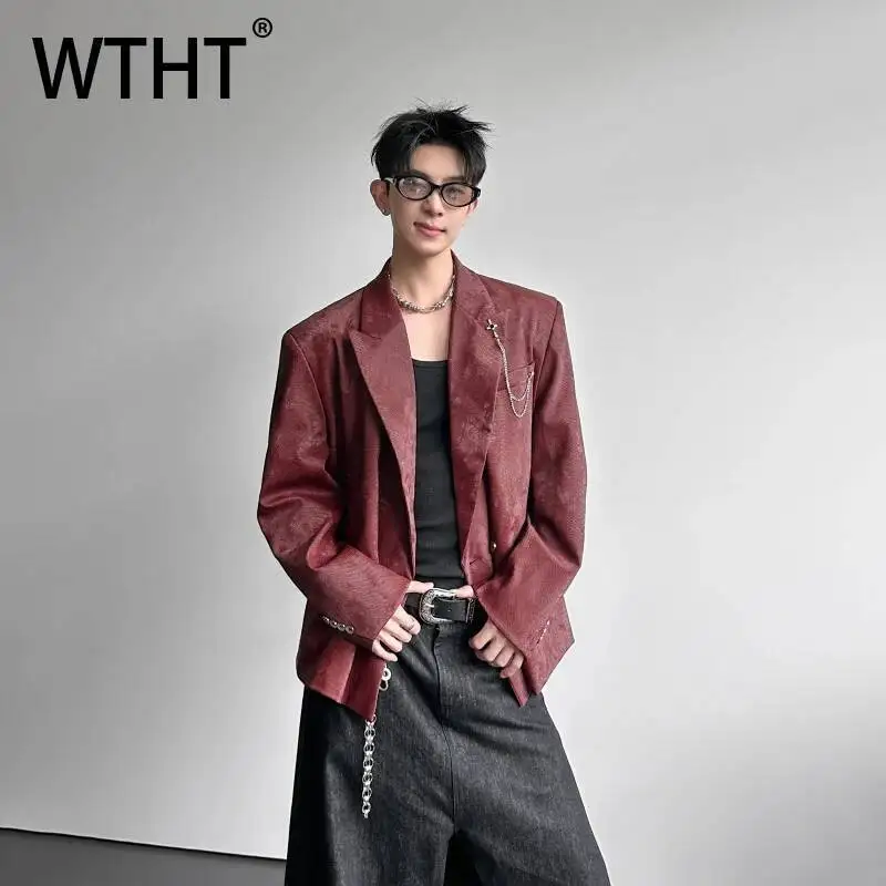 WTHT Fashion Men's Spliced Metal Chain Leather Blazer Coats Trendy Solid Collar Single Buckle Jackets Male 2026 Summer 2A3020