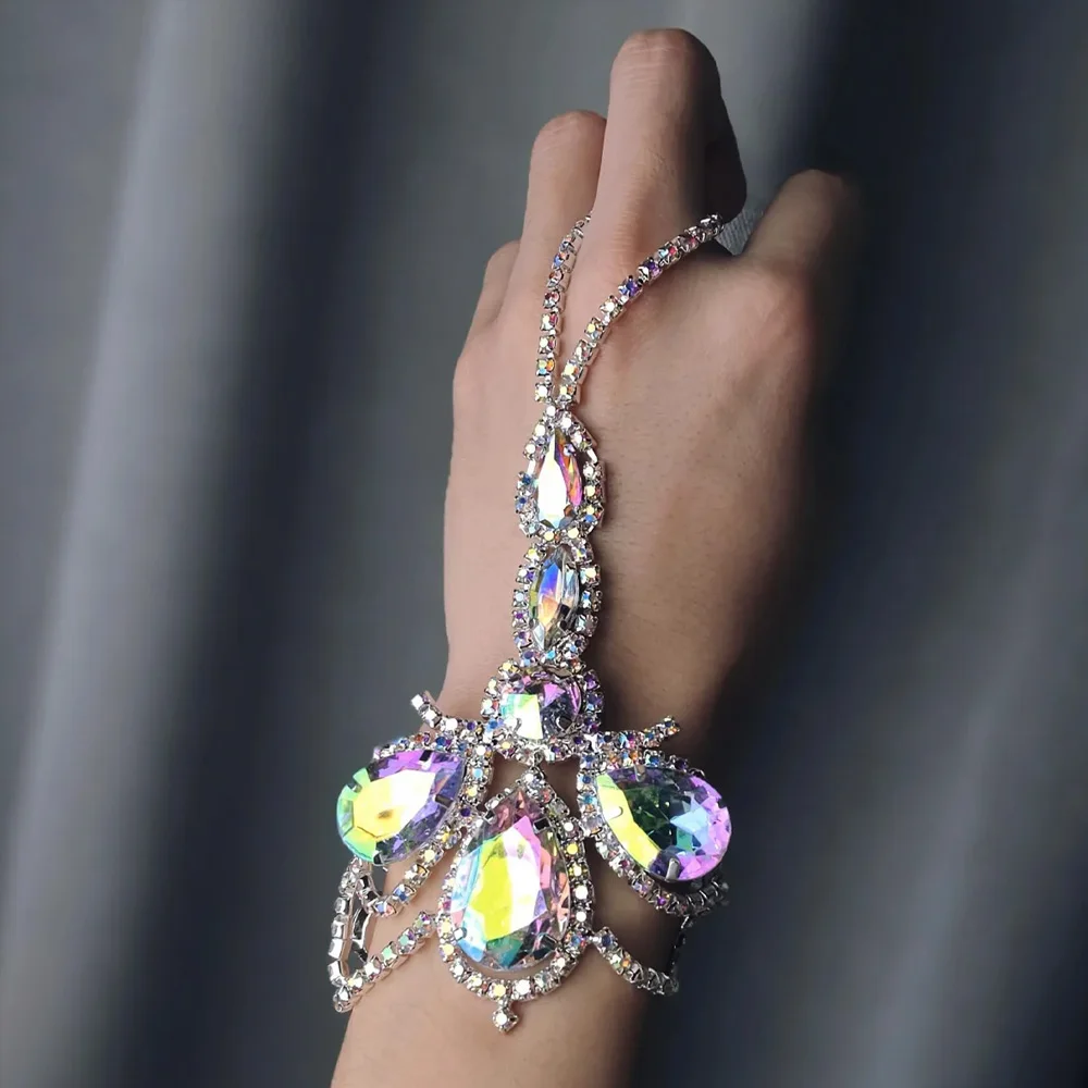 Shiny AB Rhinestone Drop Finger Bracelet Chain for Women 2023 Oversize Accessories Exaggerated Belly Dance Crystal Head Jewelry