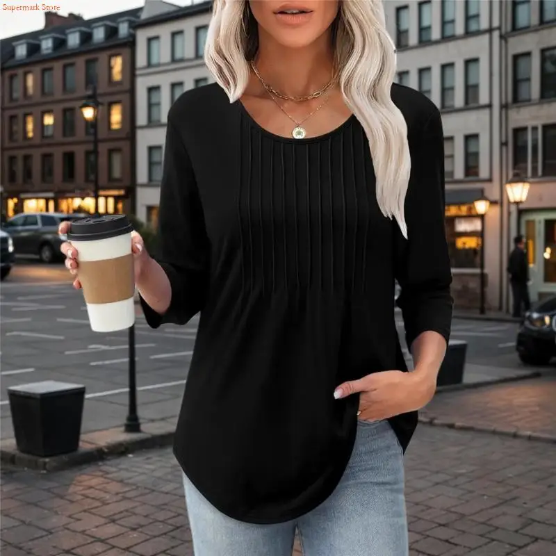 Q5weしわ抵抗性女性のシャツ旅行に優しいポリエステルのしわラウンドネックラインと快適な袖