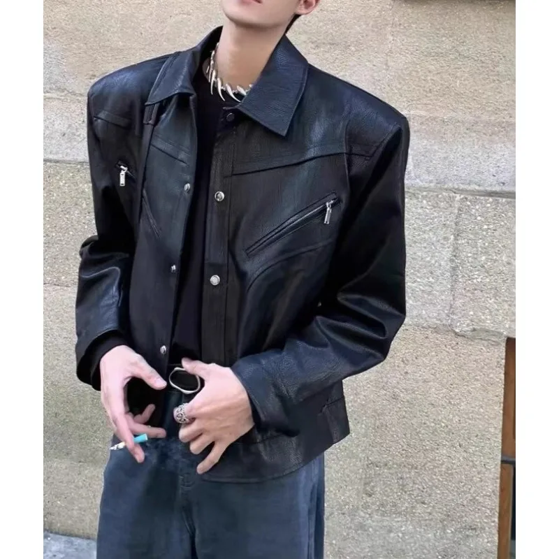 American Short Front Shoulder Versatile Shoulder Padded Short Wide Leather Jacket Men's Jacket Fashion Trend Simple Ins Coat