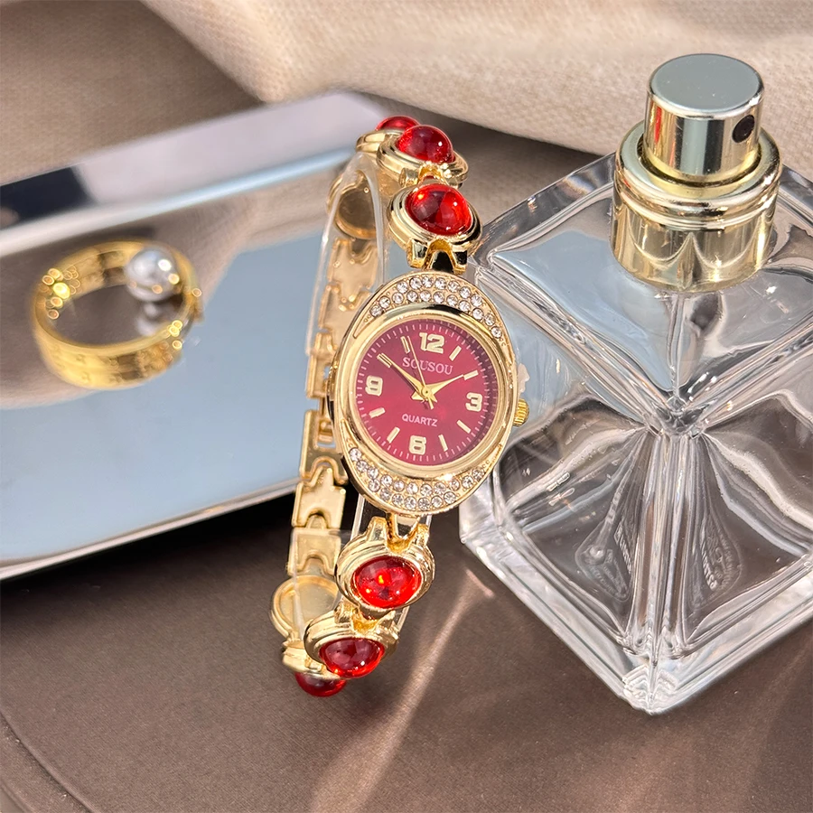 A new oval diamond-encrusted case with a shiny and colorful large bead bracelet unique and beautiful quartz watch for women