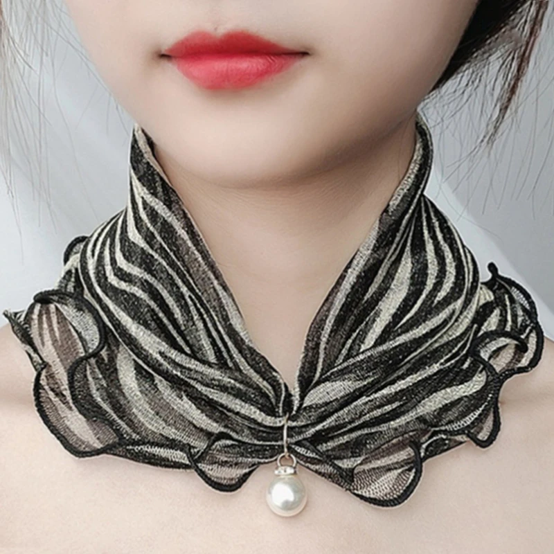 Fake Pearl Pendant Organza Neck Collar Chiffon Scarves Lace Pearls Scarf Fashion Print Shiny Variety Scarf Clothing Accessories