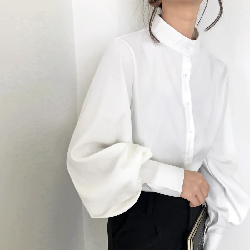 

Autumn Winter Velvet Stand Collar Vintage Women's White Blouse 2025 Long Sleeve Casual Loose Lantern Sleeve Office Shirts Female