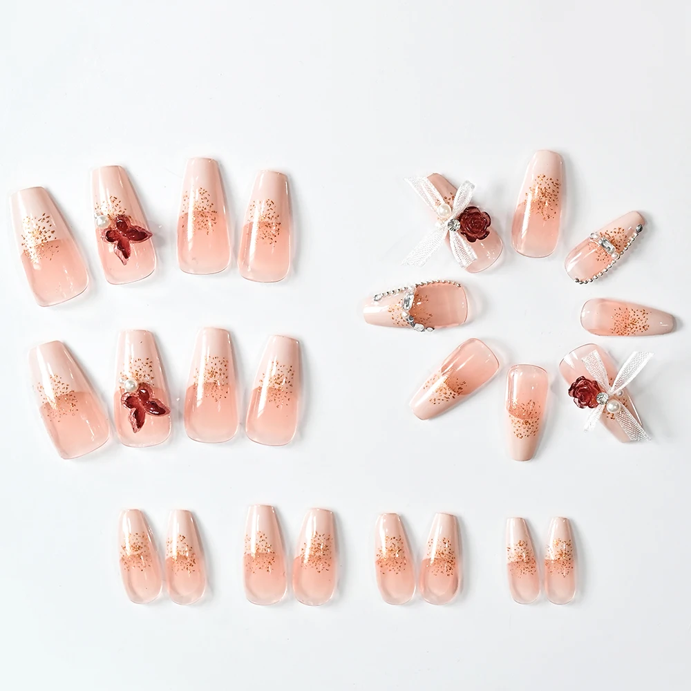24 pièces 3D Rose papillon strass presse à la main sur les ongles français Ballet faux ongles avec ruban Organza perles faux Fingetips T