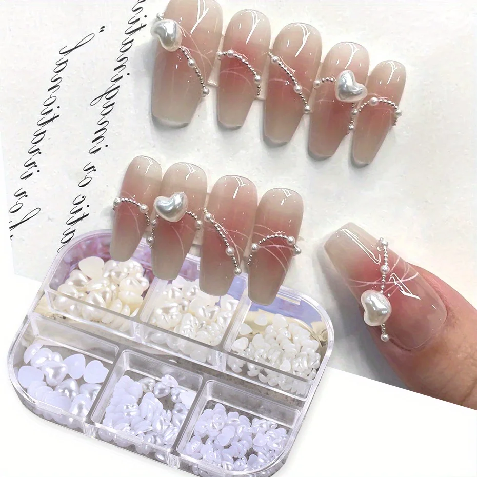 6 Grids Peach Heart Pearl Nail Charms Jewelry Natural White Flatback Beads Craft Decor Summer Elegant Wedding Accessory Ornament