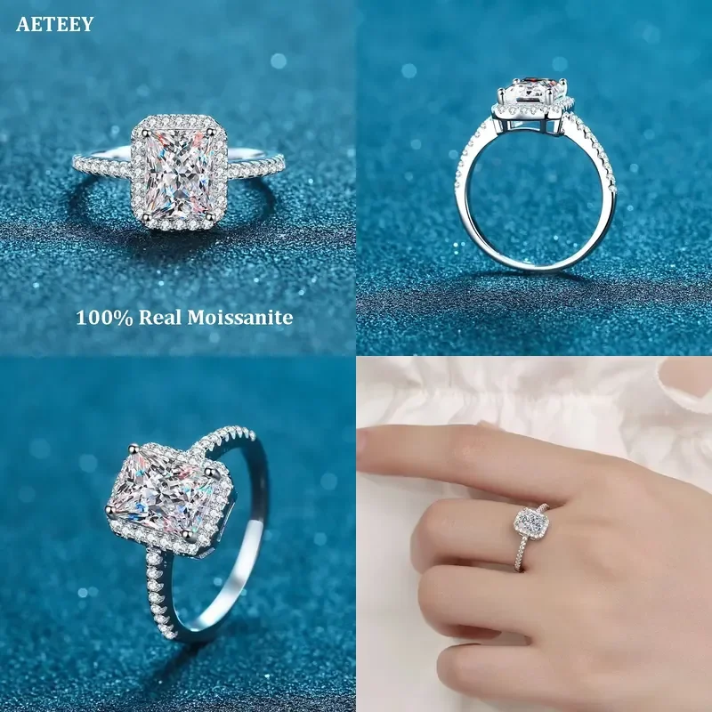 AETEEY RI019 Square Moissanite Ring, 1CT/2CT D Color VVS Clarity, 925 Sterling Silver Wedding Jewelry