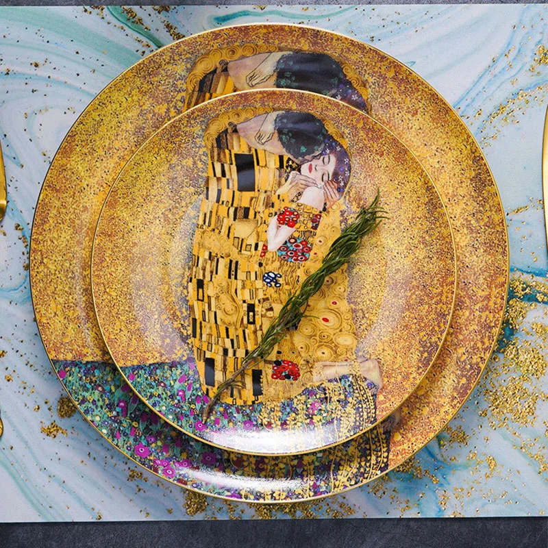 Набор обеденных тарелок Klimt Kiss из костяного фарфора, роскошная фарфоровая тарелка для десертов, мяса, хлеба, торта, посуда.