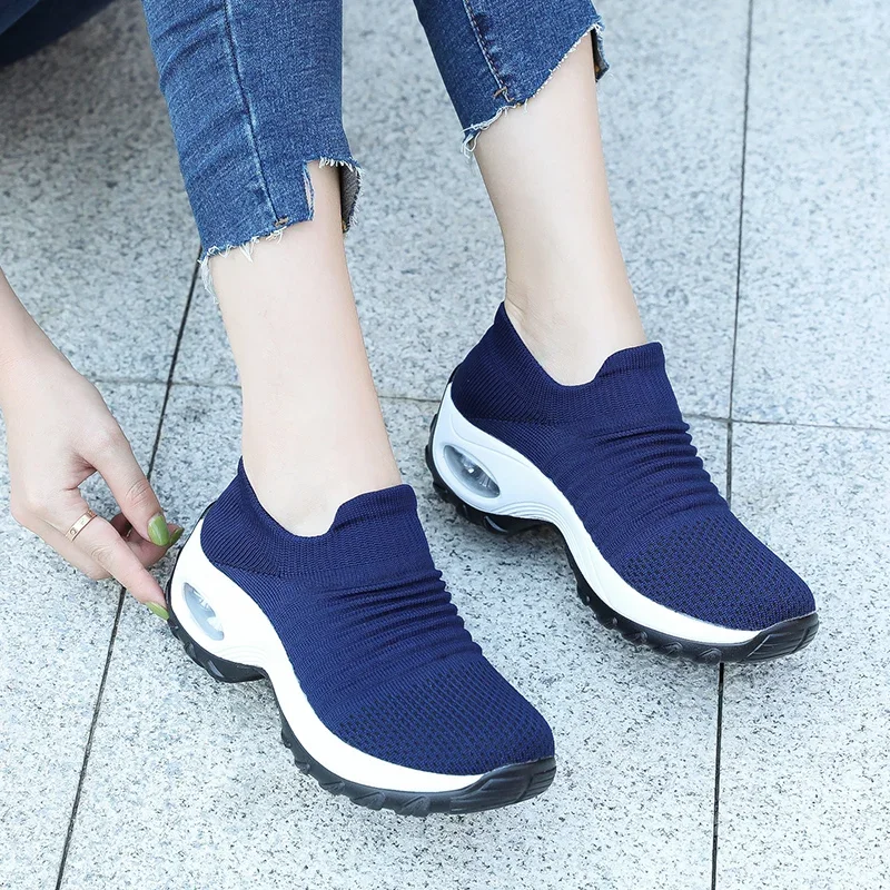 Damen-Walking-Trainer, modische Fly-Weave-Socken-Sneaker, atmungsaktive, bequeme Pflegeschuhe, lässige Plateau-Loafer, rutschfest – Detail 12
