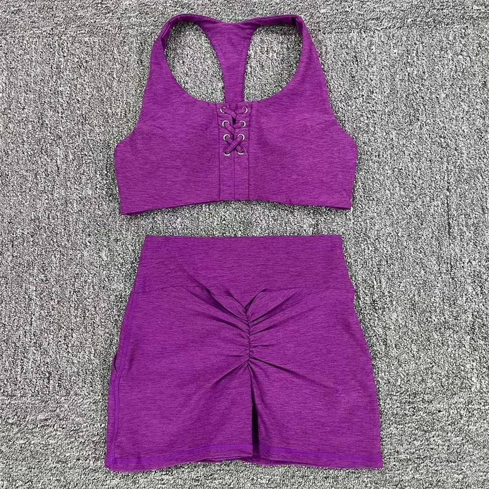 2024 1/2PCS Nylon Laced Crop Sport Bra Women Yoga Set Gym Shorts Squat Proof Legging Workout Pocket Pant Fitness Active Suit