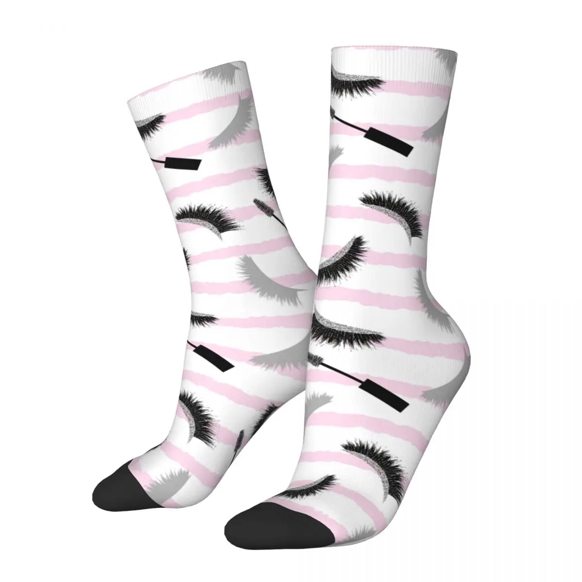 Cool Pink Lashes Pattern Soccer Socks Glitter Effect Lashes Polyester Crew Socks for Unisex Sweat Absorbing