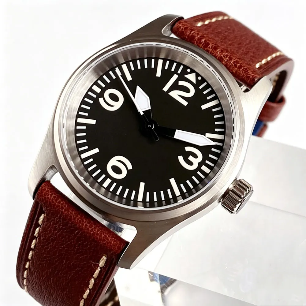 Tandorio 36mm Black Sterile Pilot Automatic Watch Sapphire Glass Luminous NH35A Asia2824 Miyota8215 Men Dive Watch 20ATM Leather