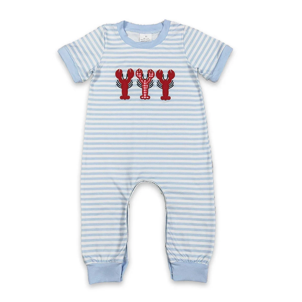 

Wholesale Newborn Baby Infant Boy Short Sleeve Bubbles Rompers Embroidery Crayfishes Grey Stripe Footie Bodysuit Clothing