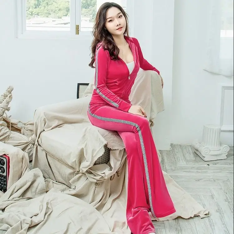 Spring and Autumn New Gold Velvet Sports Suit Women's Fashion Trendy Slim Casual Wear Sweater Bootcut Trousers Two-Piece Suit