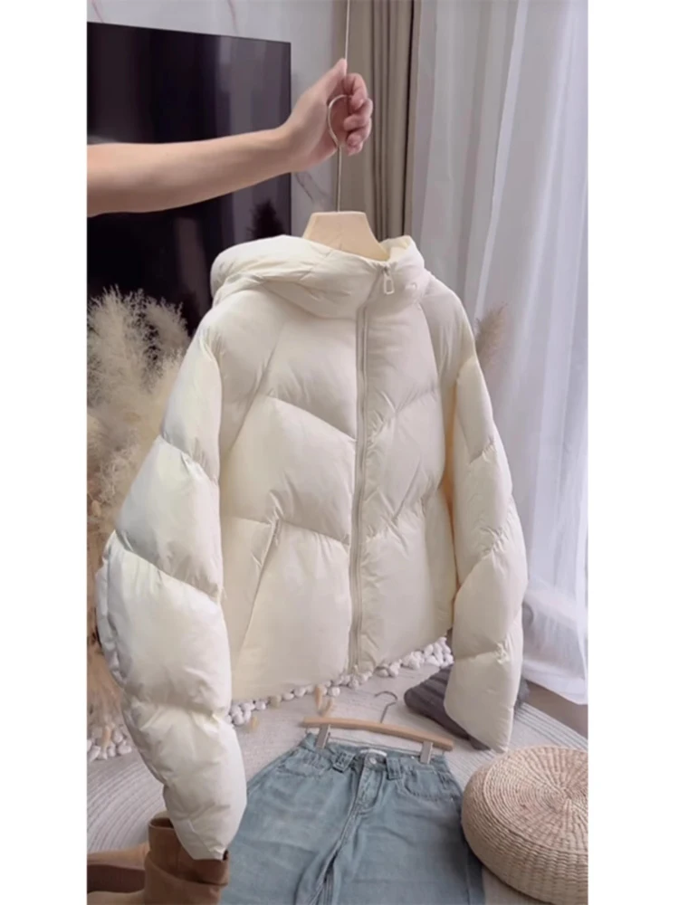 Warm Beige Cotton Jacket with Zipper And Hood Women's Korean Style Bread Coat Long Sleeve Loose Fit Commute Friendly