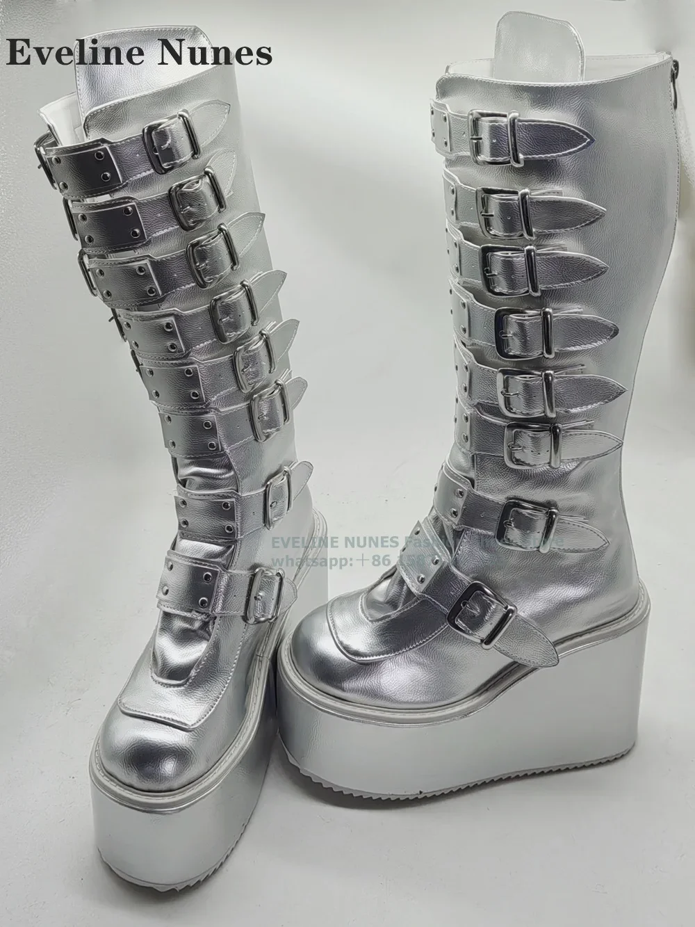 Silver Belt Buckle Wedges Platform Boots Round Toe Height Increasing Back Zip Punk Couple Knee High Boots Large Size 2024 Trend