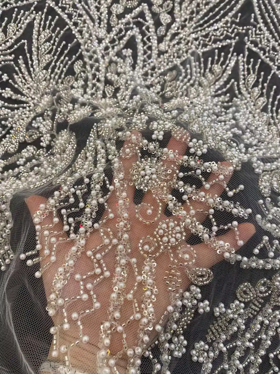 

2025 African Handmade Sequins Net Pearls Lace Fabric French Heavy Beaded Tulle Lace Fabric For Bridal Party Dress Material