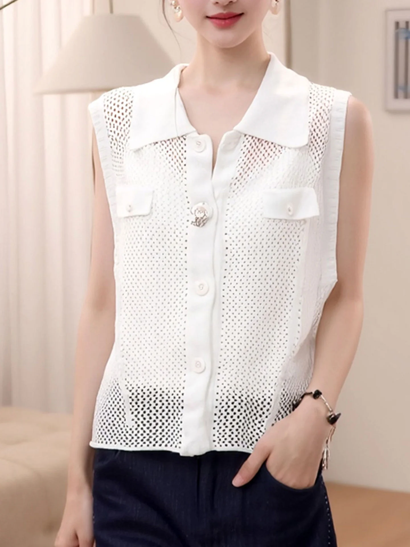 

Женский летний кардиган Ele с одной пуговицей, однотонный, дышащий, ажурный, вязаный топ