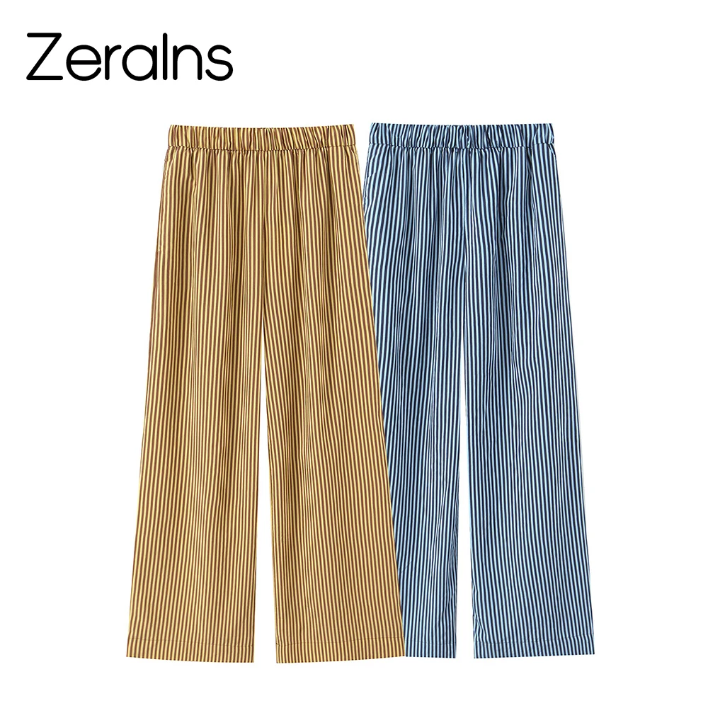 Sommerliche neue Damen-Hose im Commuting-Stil mit elastischem Bund, mittelhoher Taille, lässigem Streifenmuster und weitem, geradem Bein.