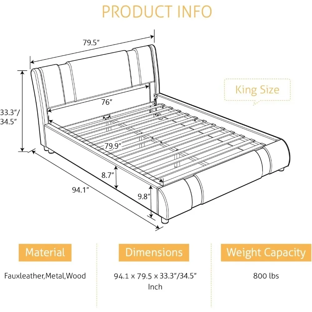 King Size Bed Frame with Iron Pieces Decor and Adjustable Headboard/Deluxe Upholstered Modern Platform Bed with Solid Wooden