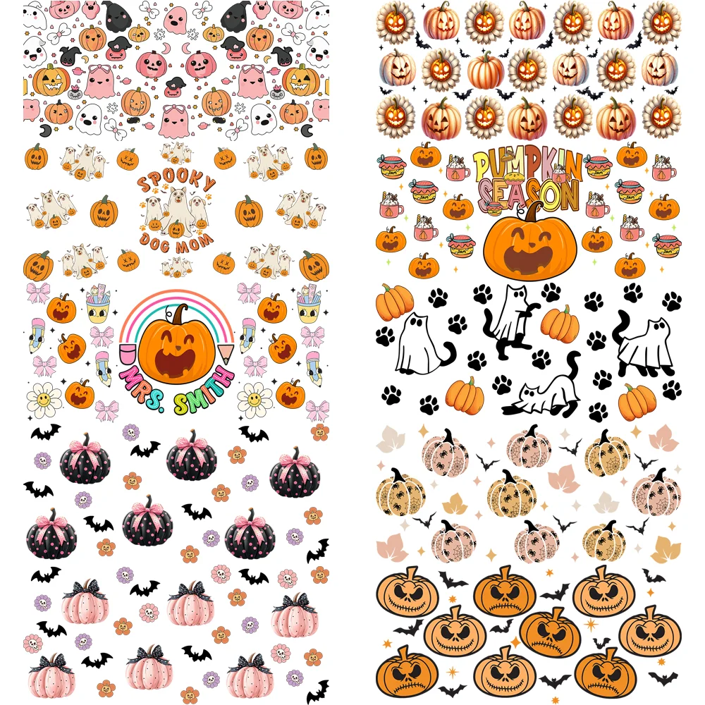 Halloween Pumpkin UV DTF Cup Wrap Sticker Spooky Ghost Bow Decal For 16oz Glass Cup Waterproof Transfer Sticker