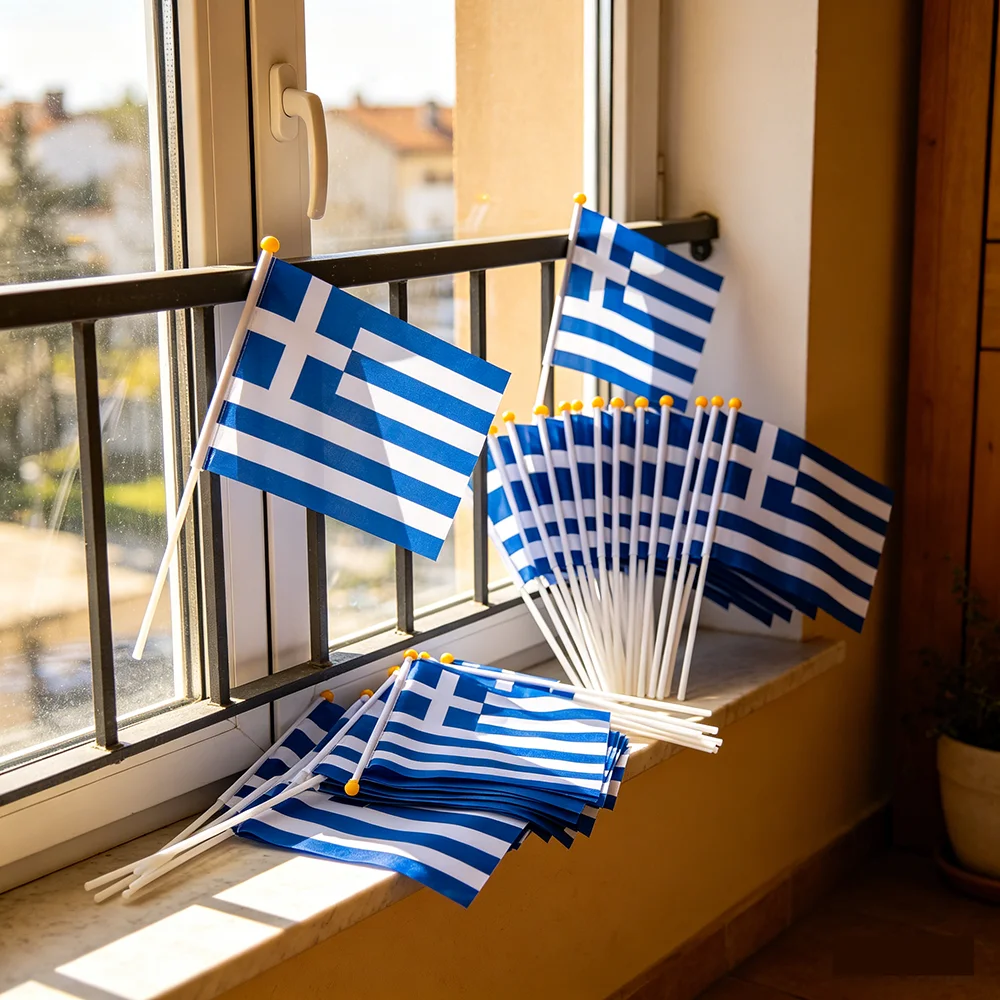 Greece hand flag 14x21cm Polyester Fade-Resistance Greece Greek Hand Waving Flag with Flagpole for Events