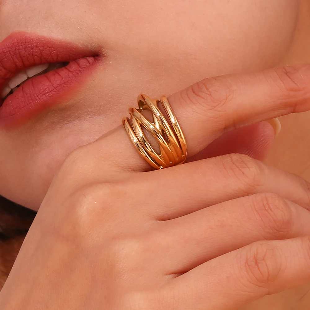 MamacitaSlay Stylish Waterproof Multi-Layer Irregular Woven Winding Women\'s rings Premium Stainless Steel Jewelry Decoration
