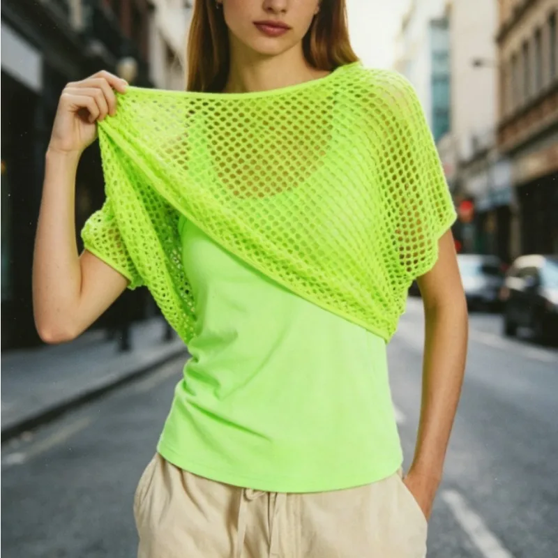 

80s Off Shoulder Mesh Top & Fishnet Tank Set with Retro Neon Rave Costume for Halloween Disco Themed Party Dress Up