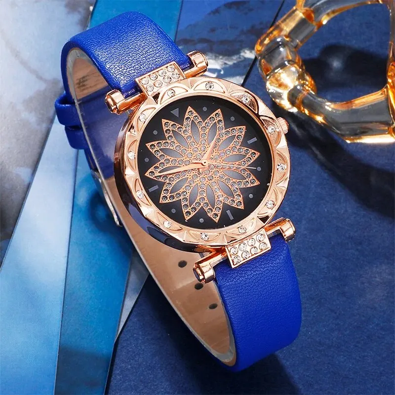 6PCS Blue Classic Quartz Watches New Women Luxury Rhinestone Watches Simple Leather Strap Watches Casual Bracelet Female Clock