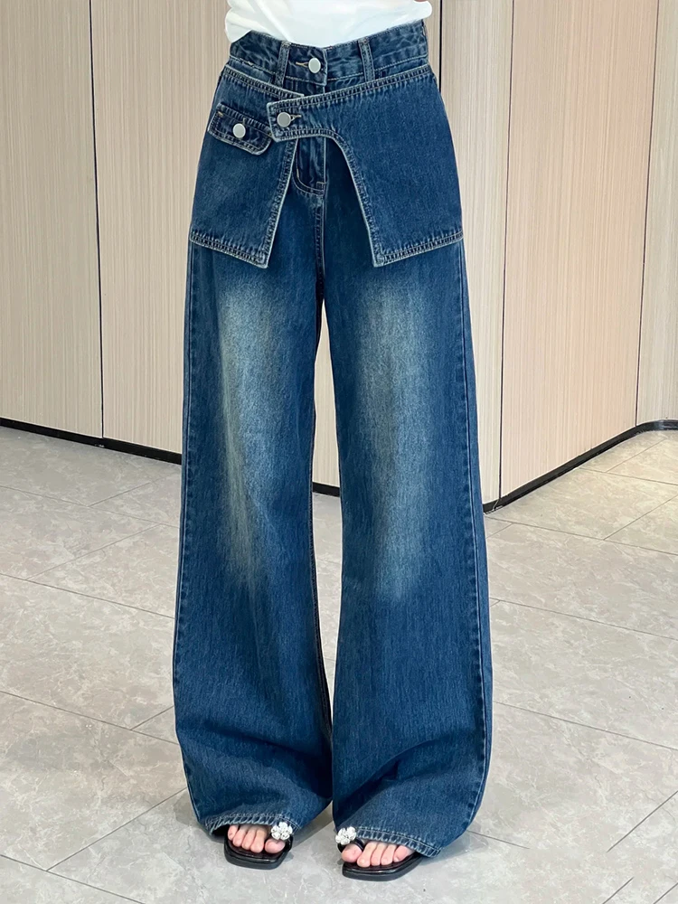 Blauwe denim jeans met wijde pijpen dames herfst nieuw ontwerp faionable gordijn rechte vloerlengte broek splitsen ket ontwerp