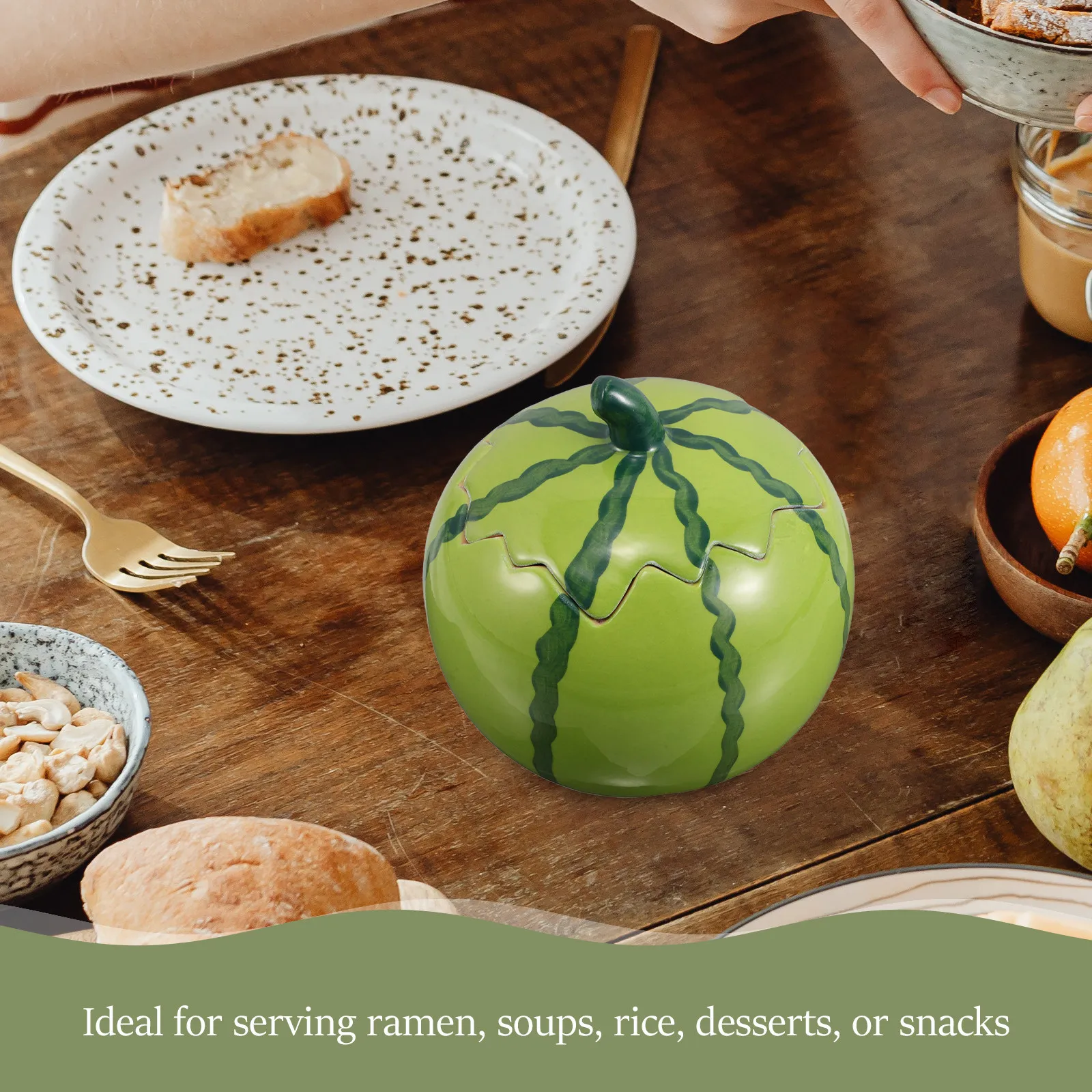 Watermelon Shaped Ceramic Bowl with Lid for Soup Ramen Rice Pudding Dessert Snacks Fruit Salad Photography Prop