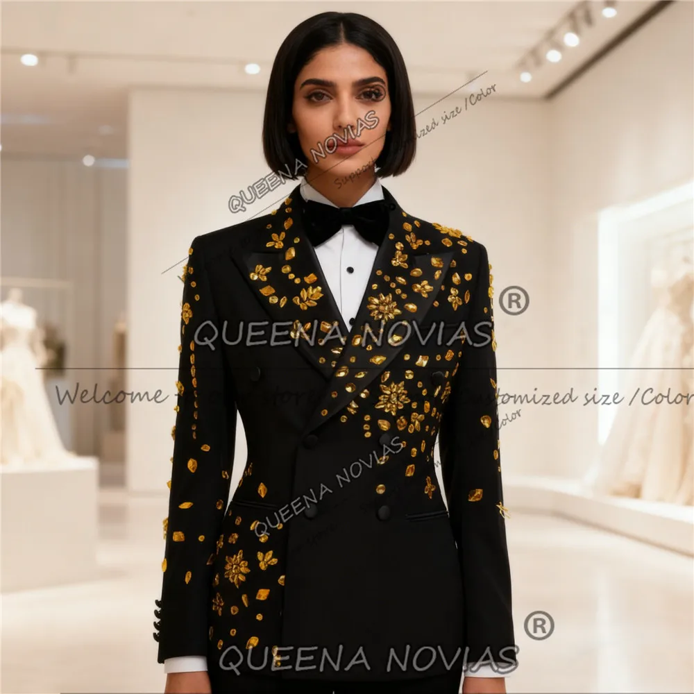 Exclusive Gold Diamond Beaded Suits Women 2 Pieces Double Breasted Jacket Pants Customized Bride's Mother Dress Wedding Tuxedos
