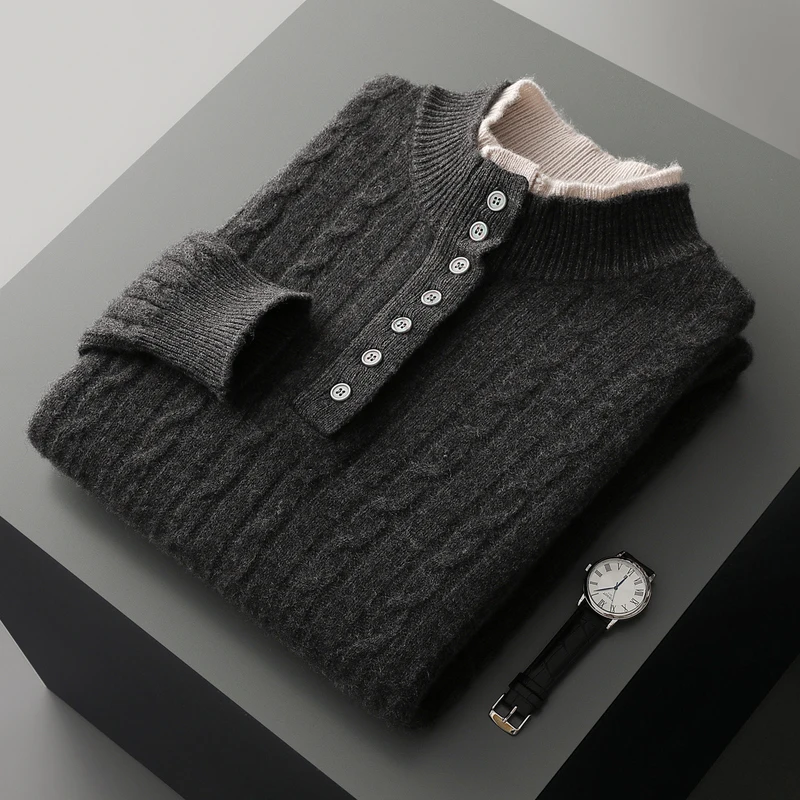 

CHICUU Men's Mock Neck Buttons Long Sleeve Pullover Sweater Autumn Winter 100% Merino Wool Knitwear Smart Casual Cashmere Knit