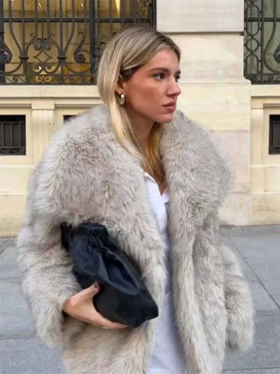 Trends Large Lapel Fluffy Jacket Faux Fur Coat Women Autumn Winter Fur Jackets Warm Thick Cardigan Streetwear Eco-Chic New