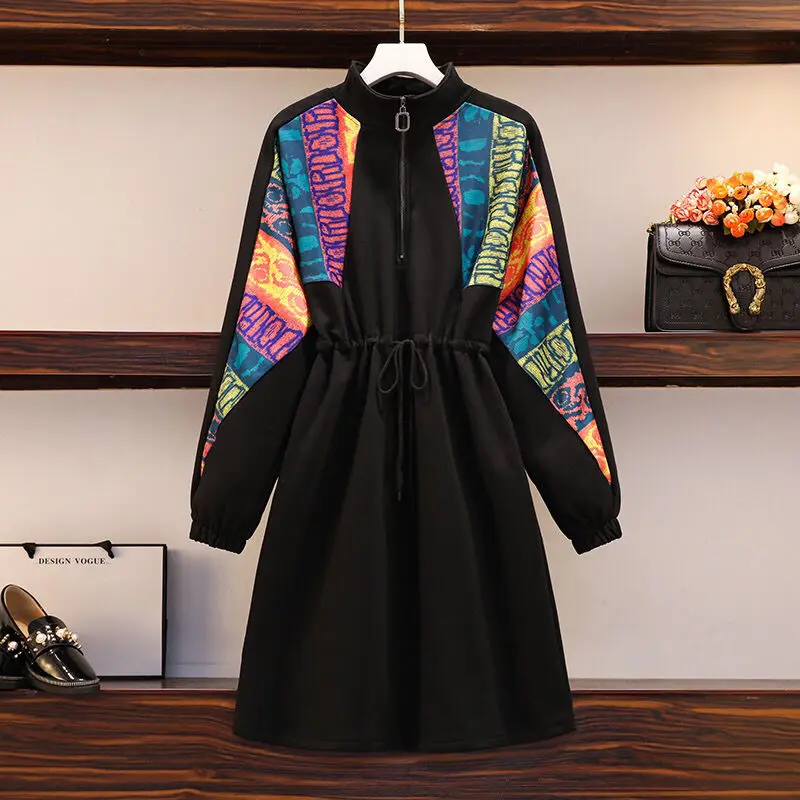 Fashion Contrasting Colors Printing Midi Dress Spring Autumn Stand Collar Zipper Female Clothing Shirring Drawstring Dresses New