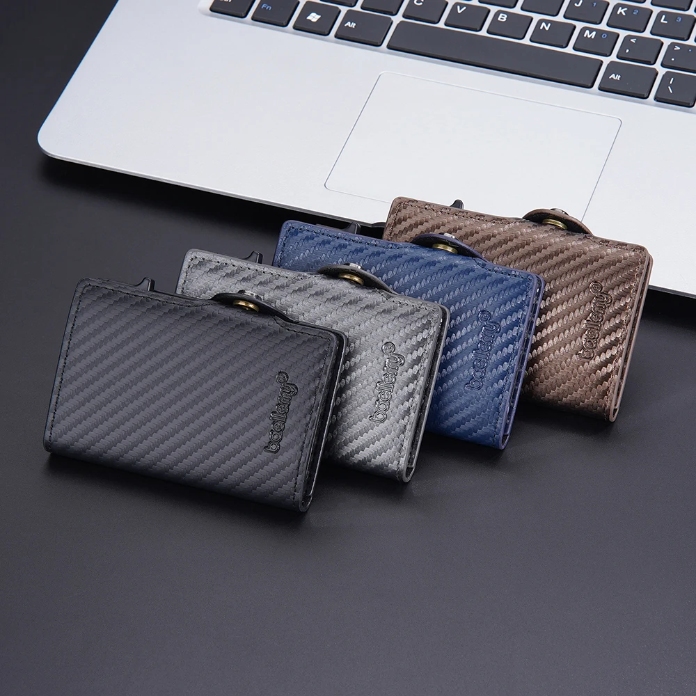 Carbon Fiber RFID Credit Card Holder Wallet Business Men's Side Push Metal Aluminum Box Anti Magnetic Card Purse Money Clip Man