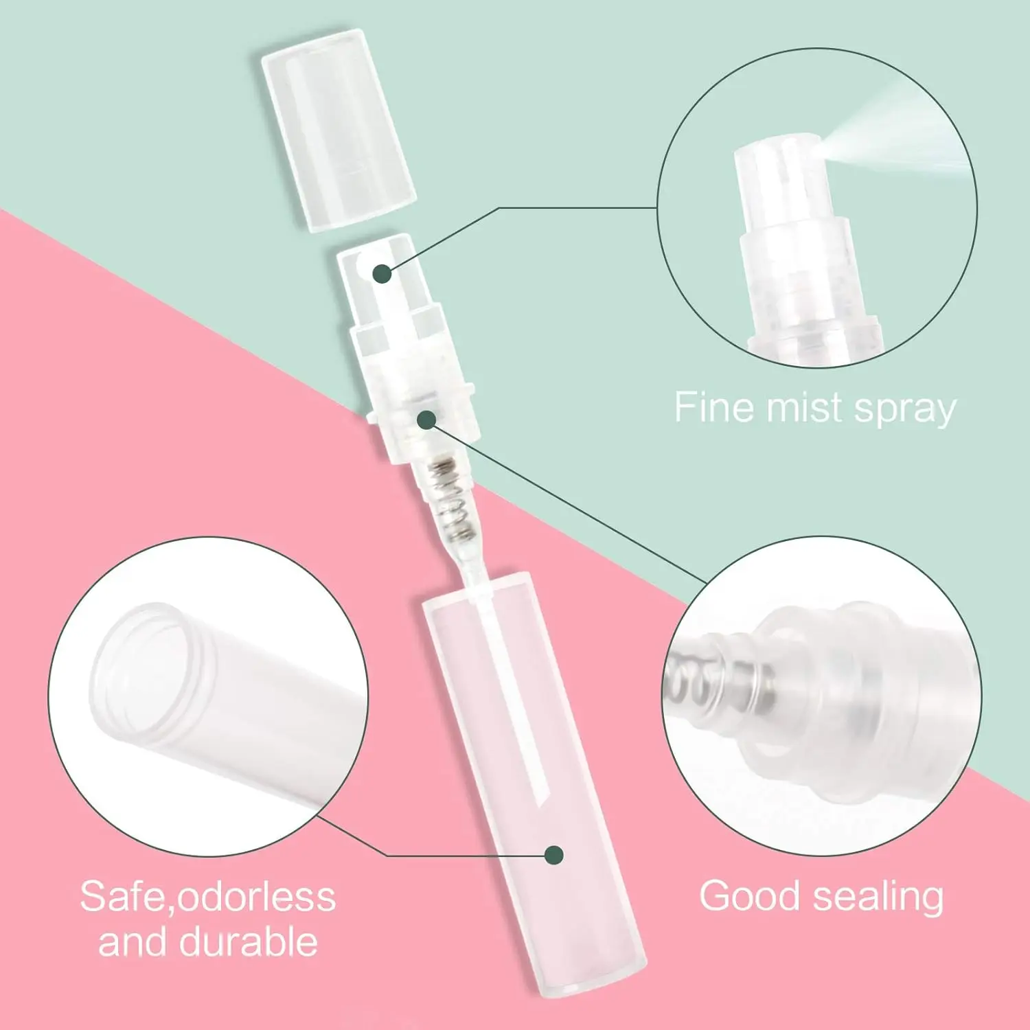 100 Stück 2ml 3ml 5ml Mini Feinsprühflaschen aus Kunststoff, nachfüllbare tragbare Reise-Flüssigkosmetikbehälter – Detail 3