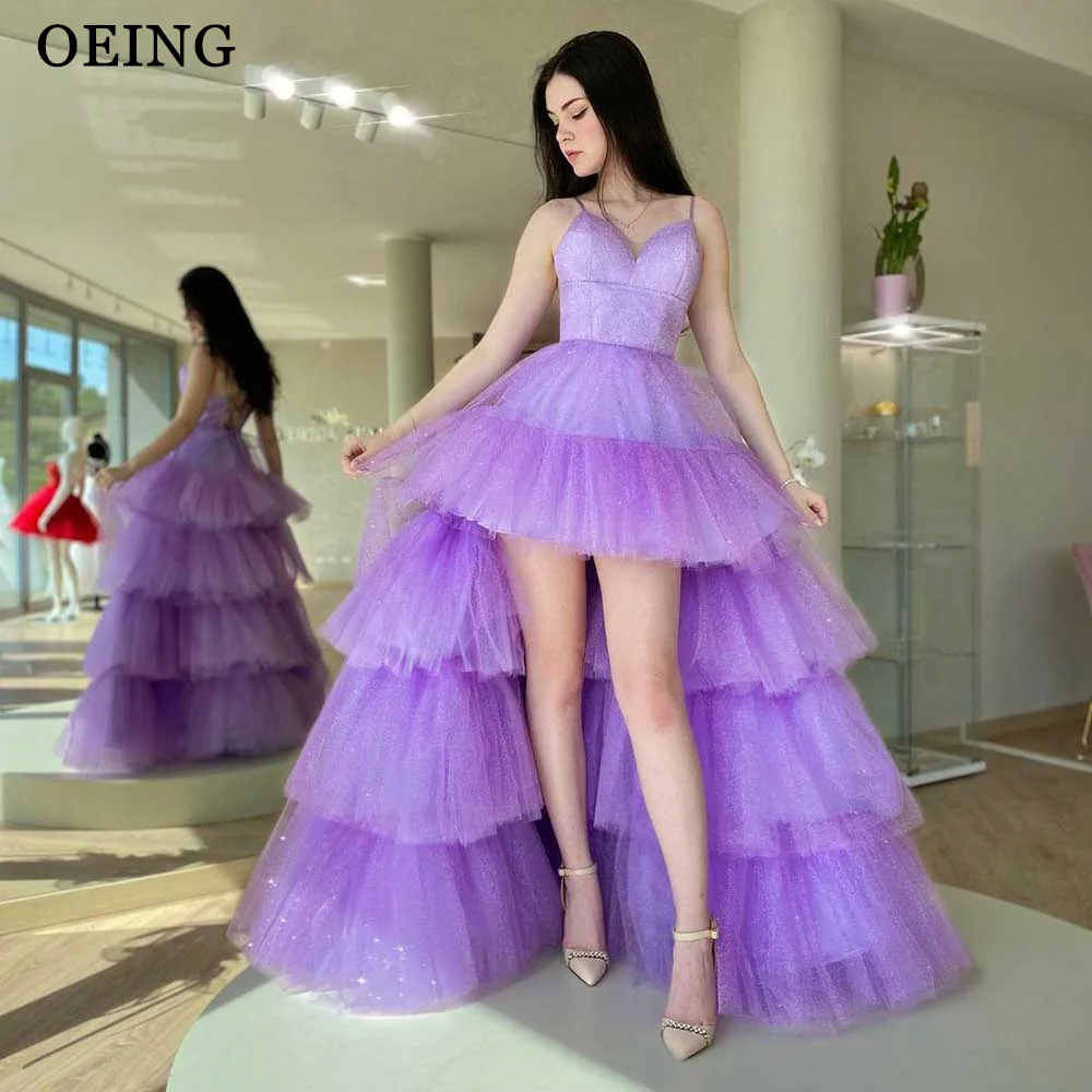 

OEING Sparkly Purple Tulle Prom Dresses Shiny Princess Lace Up Back Evening Gowns Short Front Long Back Party Dress Gentle