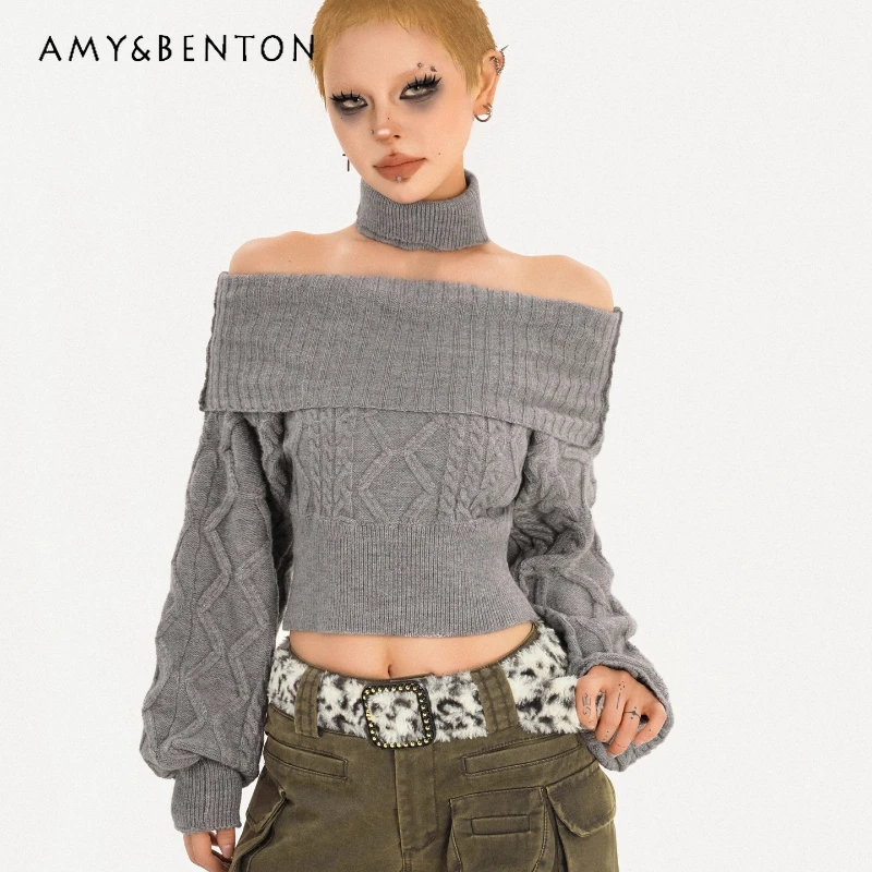 

Vintage Hot Girl Design Off-Shoulder Z Pattern Women's Knitted Sweater 2025 Winter New Camel Thick Yarn Pullover Sweaters Girl