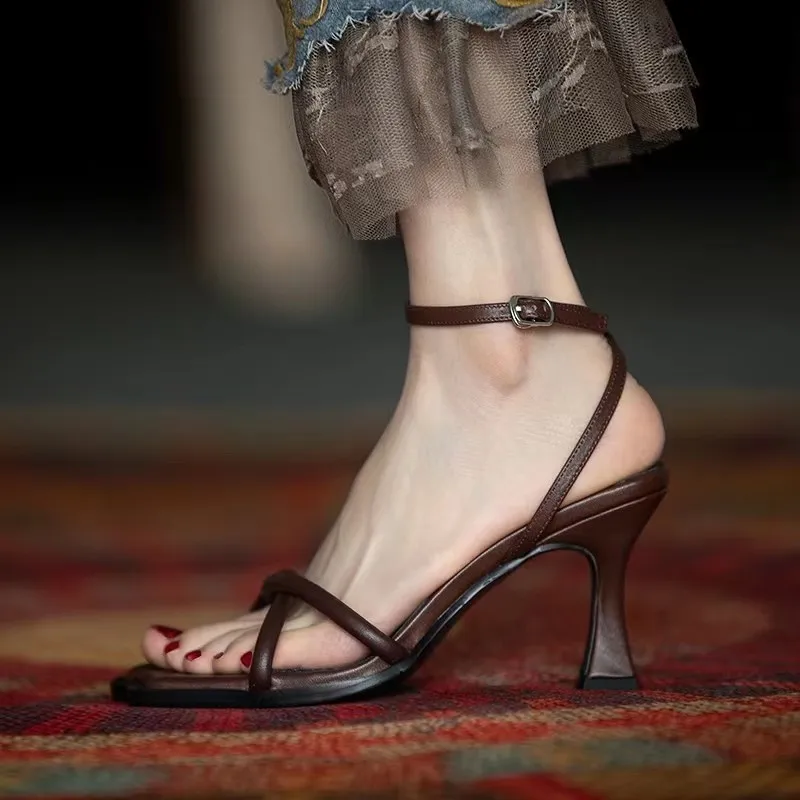 

New Fashion Women's High Heel Sandals Summer Square Head Black Sexy Ankle Narrow Strap Buckle Stiletto Heels Zapatos Mujer