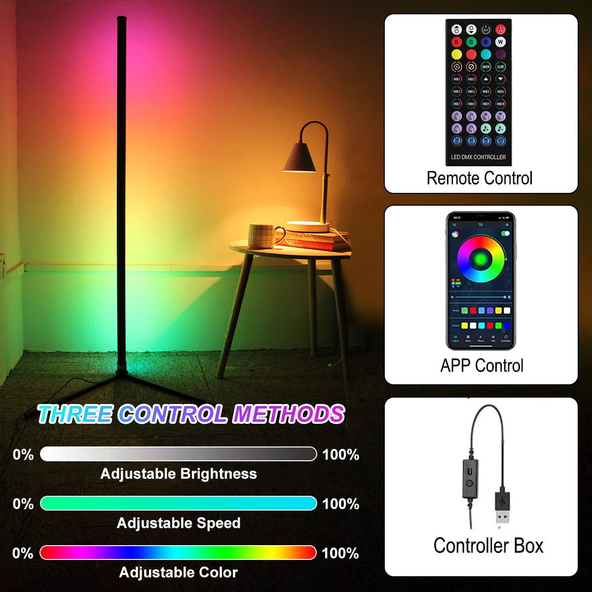 PMS - Lámpara de pie LED de esquina, luz RGB, sincronización de música PMS - Lámpara de pie LED de esquina, luz RGB, sincronización de música