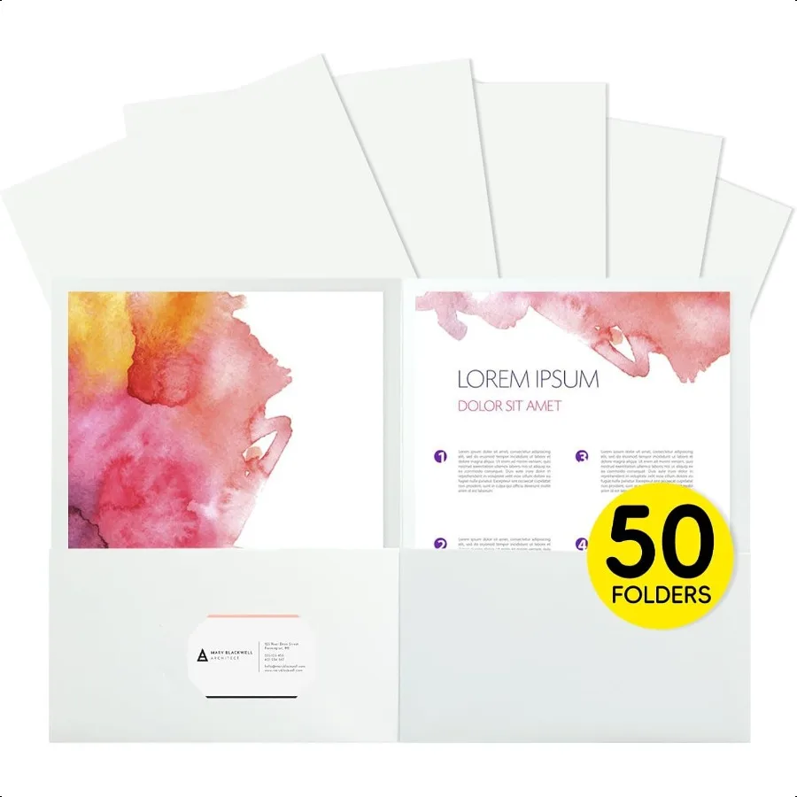 

50Pcs White Folders with Pockets and Busin Card Holder2 Pocket Folders for School Home or Office Durable Heavy Duty File Folder