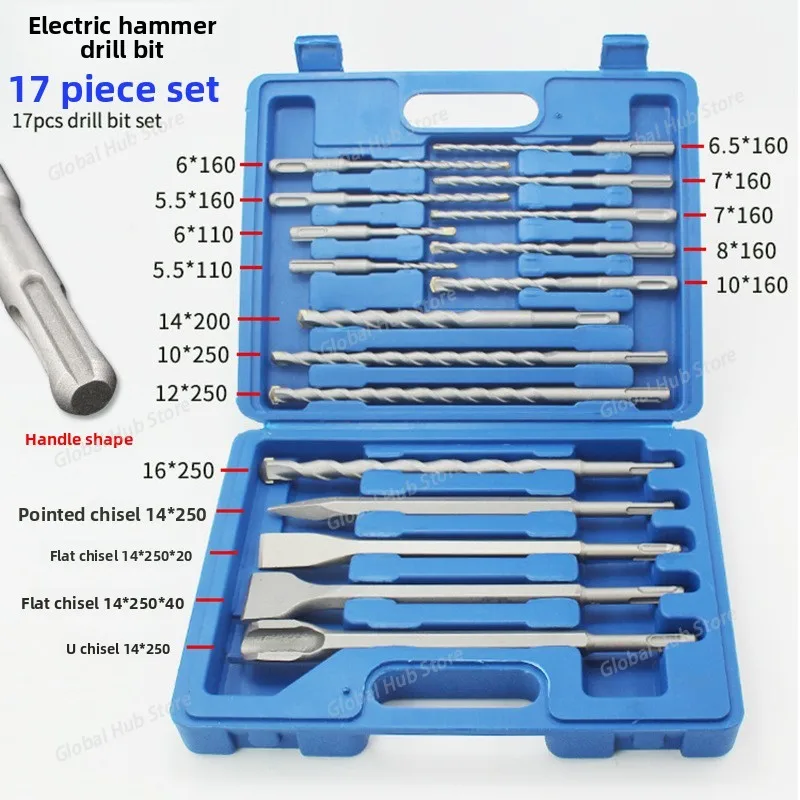 17pcs Round Handle Impact Electric Hammer Drill Bit Chisel Plastic Box Set Concrete Point Flat Chisel Drilling Grooving with Box
