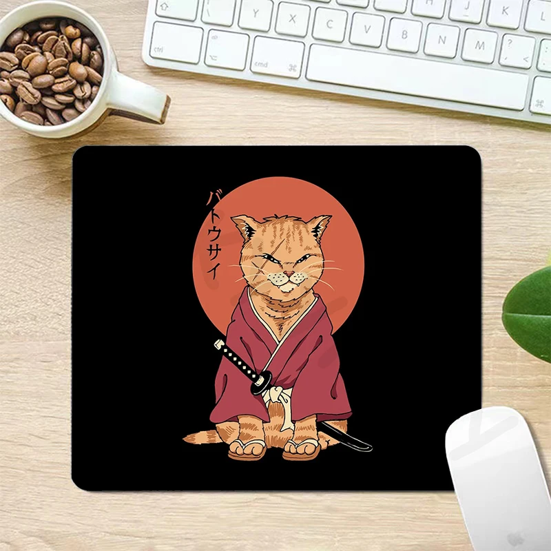 

Mouse Pads Japanese Style Cat Table Mat Small Swordsman Cat Computer Mousepad Company Desk Pad 18x22cm Gamer Mousepads Mouse Mat