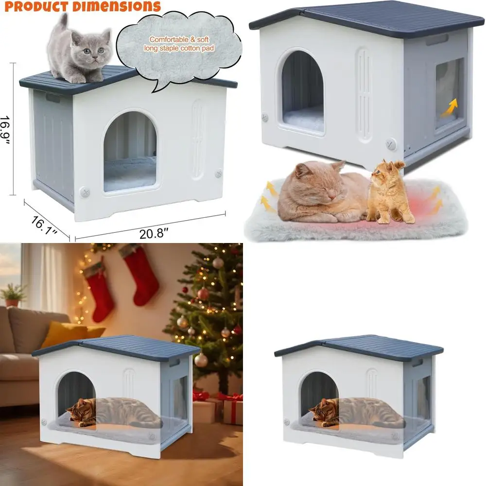 

Weatherproof Outdoor Cat House with Easy Entry Door, Durable Plastic Shelter for Cats, Simple Assembly - Grey