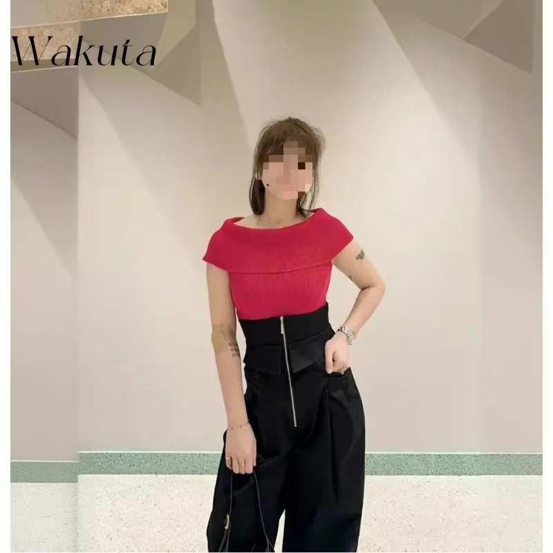 WAKUTA Japanese Retro Elegant One-line Collar Strapless Knit Short-sleeved Temperament Flap Slim Pullover Commuter Fashion Tops