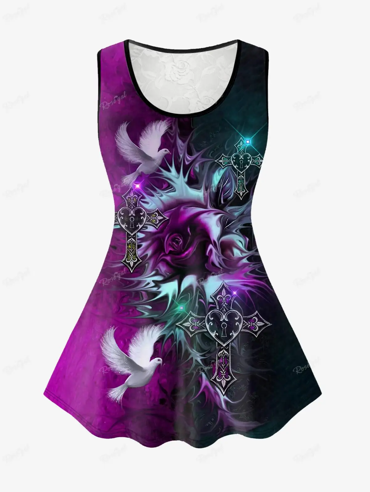 Plus Size Lace Insert Flower Pigeon Cross Colorblock Printed Tank Top XS-6X Women's Casual Vest