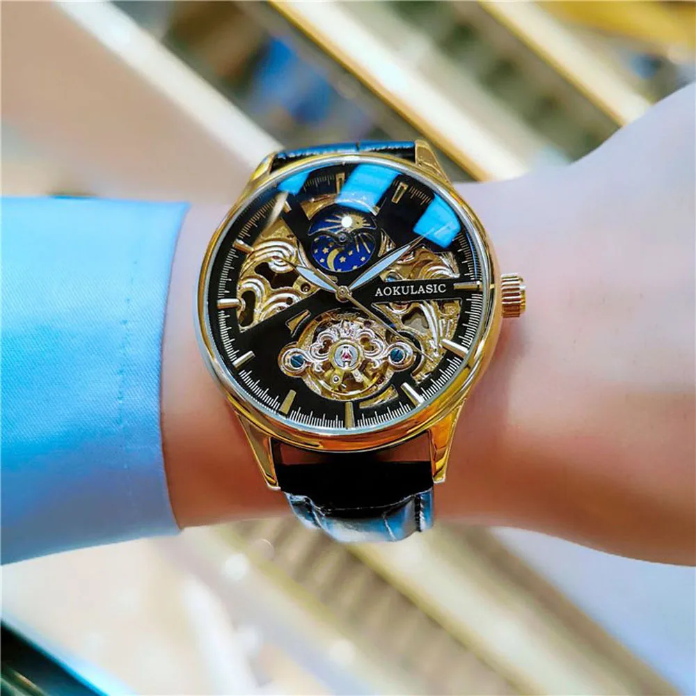 AOKULASIC Automatic Mechanical Watch Men's Top Luxury Brand 40mm Watch Men's Casual Leather Waterproof Clock Reloj Hombre 2023